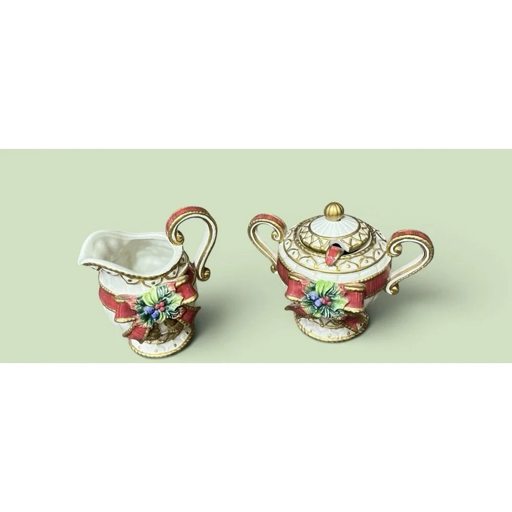 Fitz & Floyd Christmas Deer Creamer Sugar Bowl Spoon Red Bow Ribbon Tassel VTG